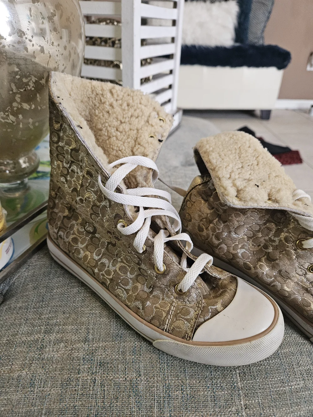 Coach Metallic Gold Monogram High-Top Sneaker with Shearling Collar